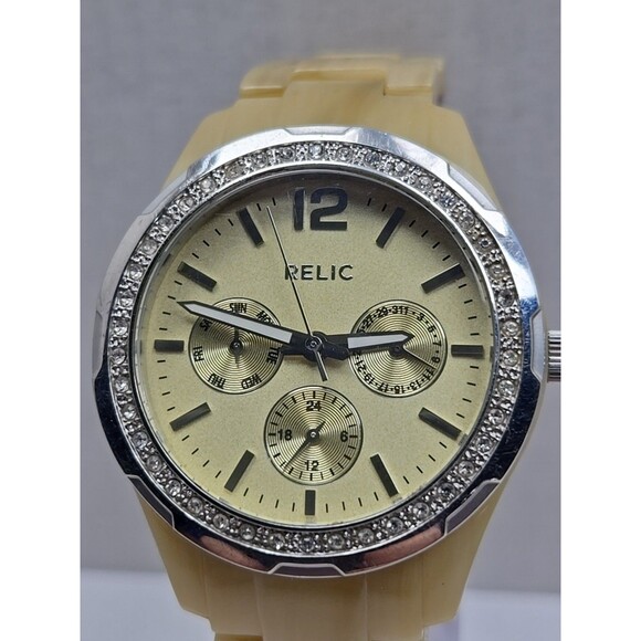 Relic by Fossil Womens Beige Resin Crystal Day Date Quartz Watch New Battery main image 8
